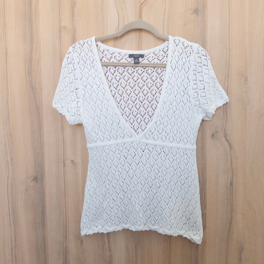 Y2K Apt. 9 Womens Crochet Babydoll Top M White Knit V-Neck Cottage Coquette Boho